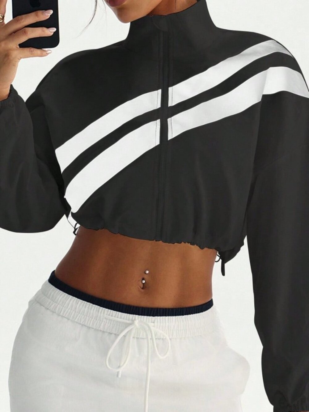 Multicolor Casual Women's Colorblock Zip-Up Sports Jacket With Drawstring Hem - Picture 3 of 6